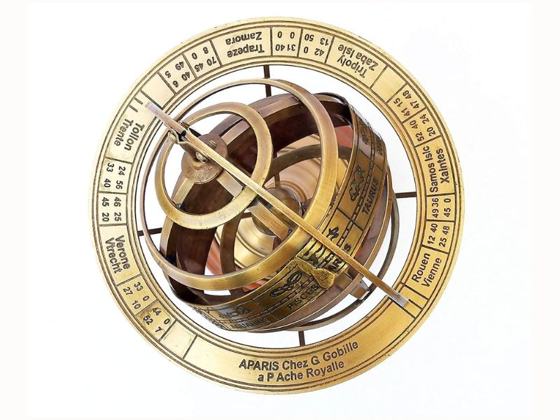 Antique Style Brass Armillary Sphere Astrolabe Globe on Wooden Base | Nautical Marine Celestial Globe (Brown, Medium) | Vintage Home Office Study Decoration & Gift Collectible