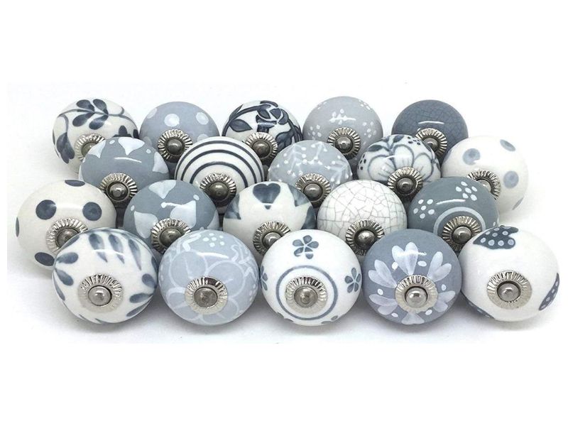 Set of 12 Rare Grey, White & Cream Hand Painted Ceramic Knobs – Vintage Decorative Cabinet Drawer Pulls for Kitchen, Cupboard, Dresser, Furniture Handles with Screws