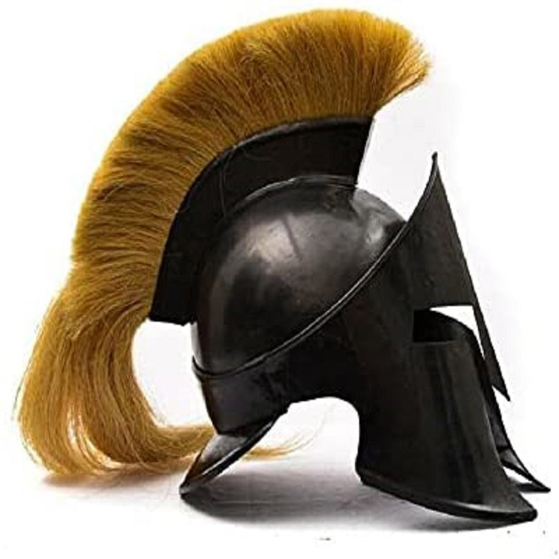 Great King Leonidas Spartan Helmet, 300 Movie Fully Functional Medieval Wearable Black Helmet With Almond Color Plume Inner Leather Liner