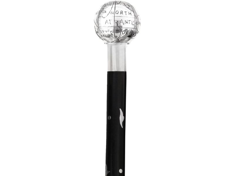 Brass Nickel Globe Walking Stick Cane – Vintage World Map Handle – Handmade Wooden Shaft, 37 Inch Collectible Gift for Men & Women