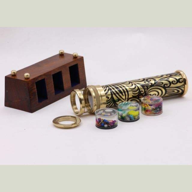 Unique Wedding Gift Handmade Brass Kaleidoscope with 3 Interchangeable Object Chambers and Wooden Display Stand Collectible