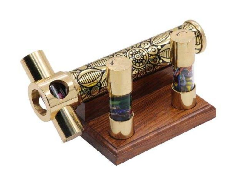 Handmade Brass Trio Kaleidoscope with 3 Interchangeable DIY Fillable Cells Unique Optical Art Toy with Wooden Display Stand