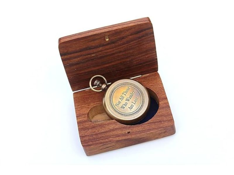 Solid Brass Compass “Not All Those Who Wander Are Lost” Engraved – Vintage Navigation Compass with Wooden Box, Inspirational Gift for Men, Women, Travelers, Graduates, and Adventure Lovers