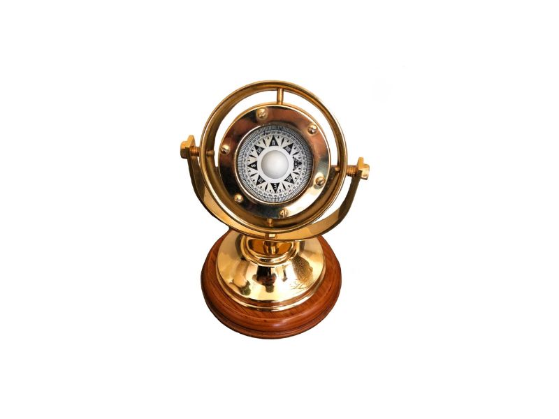 Brass Plated Gimbaled Compass with Stand – Vintage Maritime Navigation Instrument, Desk Display Decor, Nautical Gift for Office, Home & Study, Collectible Compass with Adjustable Stand
