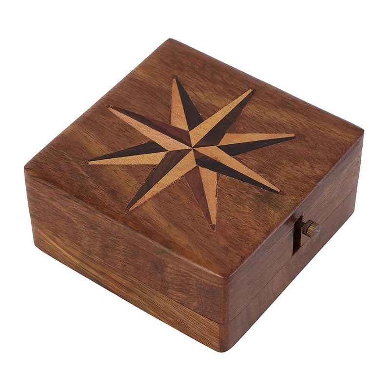 Solid Wood Gift Box Clock Compass Ached Compass Rose on Box Top 