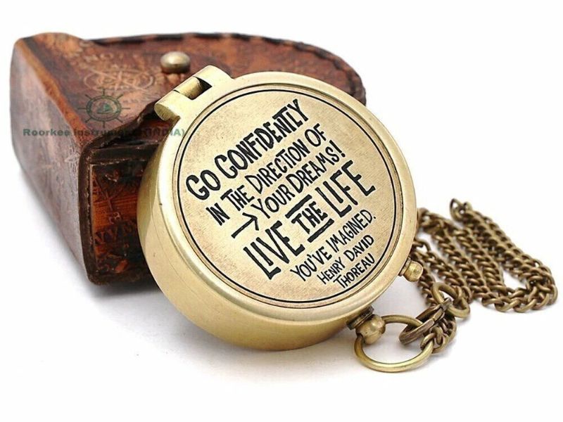 Go Confidently in The Direction of Your Dreams Engraved Brass Compass with Leather Case – Inspirational Quote by Henry David Thoreau – Graduation, Retirement & Travel Gift for Men and Women