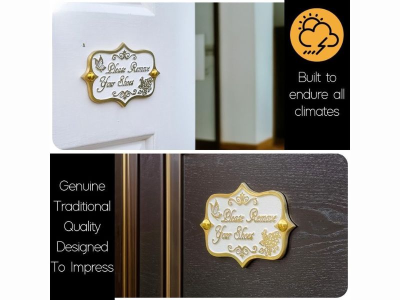 Please Remove Your Shoes Brass Door Sign – Vintage Shabby Chic Wall Plaque – Handmade Solid Brass Home Décor by The Metal Foundry