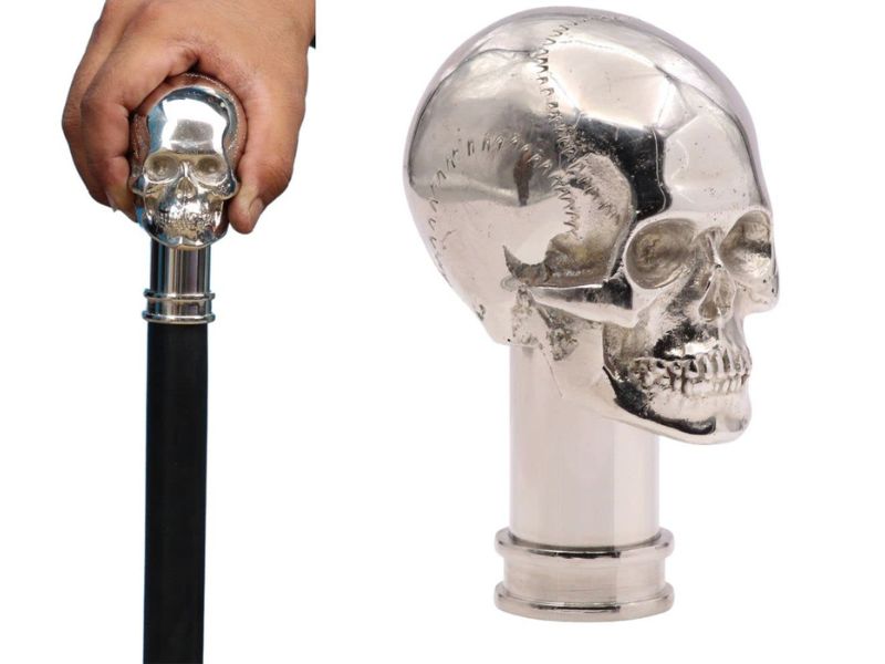 Brass Skull Walking Cane – Chrome Finish Skull Handle Walking Stick for Men – Steampunk Gothic Vintage Cane – Black Hardwood Shaft – Collectible Prop & Costume Accessory