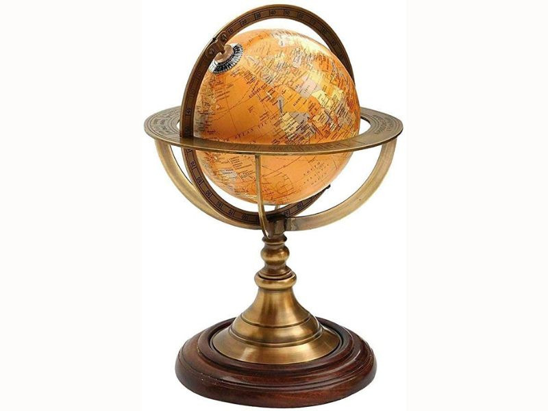 Antique Brass Armillary Sphere Globe | Vintage Nautical Astrolabe Celestial Globe with Wooden Base | Zodiac Engraved Rotating Globe for Home Office Décor | Maritime Collectible Showpiece