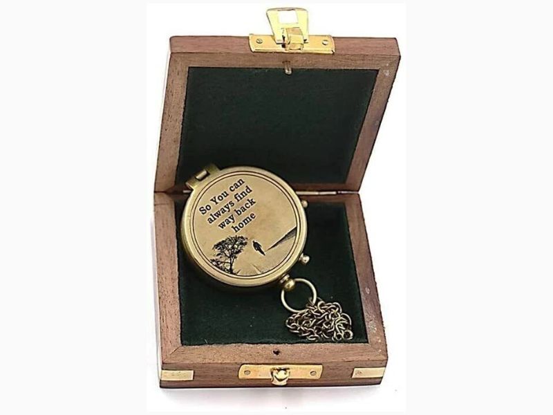 So You Can Always Find Your Way Back Home Brass Compass with Wooden Box – Vintage Nautical Gift for Husband, Boyfriend, Son, Graduation, Adventure Keepsake Compass