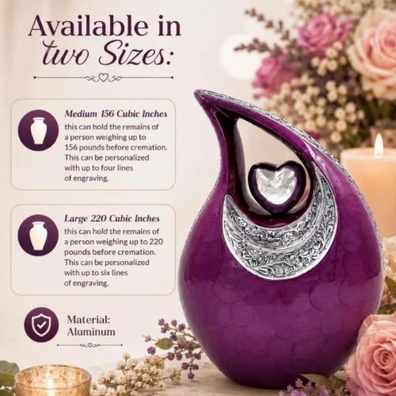Plum Purple Heart Cremation Urn: Engraved Teardrop Memorial Keepsake Ashes Urn
