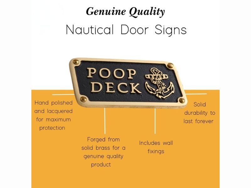 Poop Deck Brass Plaque | Nautical Bathroom Wall Décor Sign | Funny Beach Theme Home Decoration | Vintage Maritime Door or Wall Plate | Solid Brass Handmade Bathroom Gift for Coastal Homes