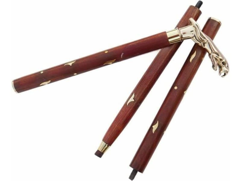 Jaguar Brass Handle Walking Cane – 3 Fold Wooden Walking Stick for Men & Women – Handmade Vintage Brass Handle Cane with Polished Hardwood Shaft – 37 Inch Collectible Gift & Decorative Accessory