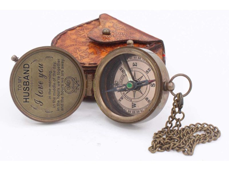 To My Husband Engraved Brass Compass with Leather Box, I Love You Quote, Anniversary Gift, Romantic Keepsake for Husband, Vintage Nautical Compass Gift for Him