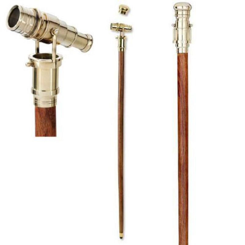 Brass Mechanical Gadget Telescope Cane Wood Walking Stick