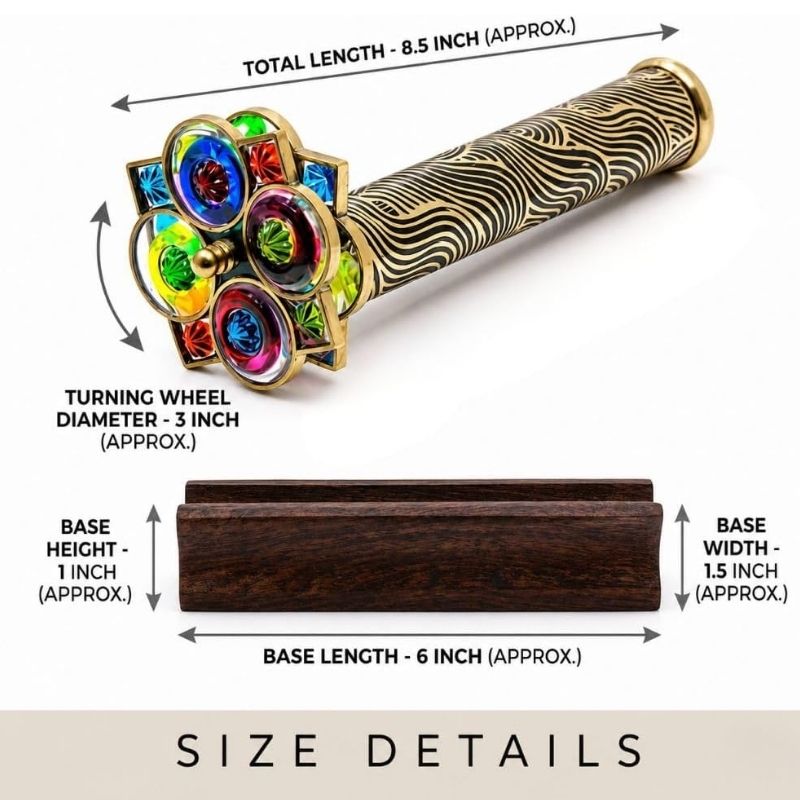 Brass Swirl Tunnelscope Kaleidoscope with Protective Lacquer Coating, Rotating Colourful Resin Wheel and Solid Wooden Display Stand, Vintage Decorative Optical Gift
