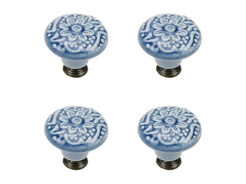 Set of 4 Blue Ceramic Cabinet Knobs – Vintage Round Drawer Pulls with Screws, Handmade Decorative Handles for Kitchen Cabinets, Cupboards, Dressers & Closets – Boho Home Décor