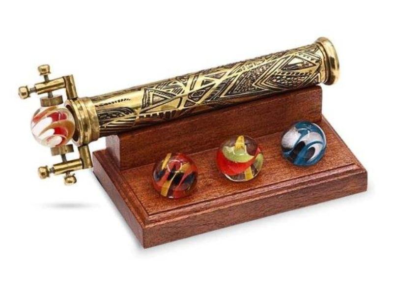 New Vintage Brass Kaleidoscope Toy with Interchangeable Marble Scope Solid Brass Barrel & Wooden Display Etched Brass Design