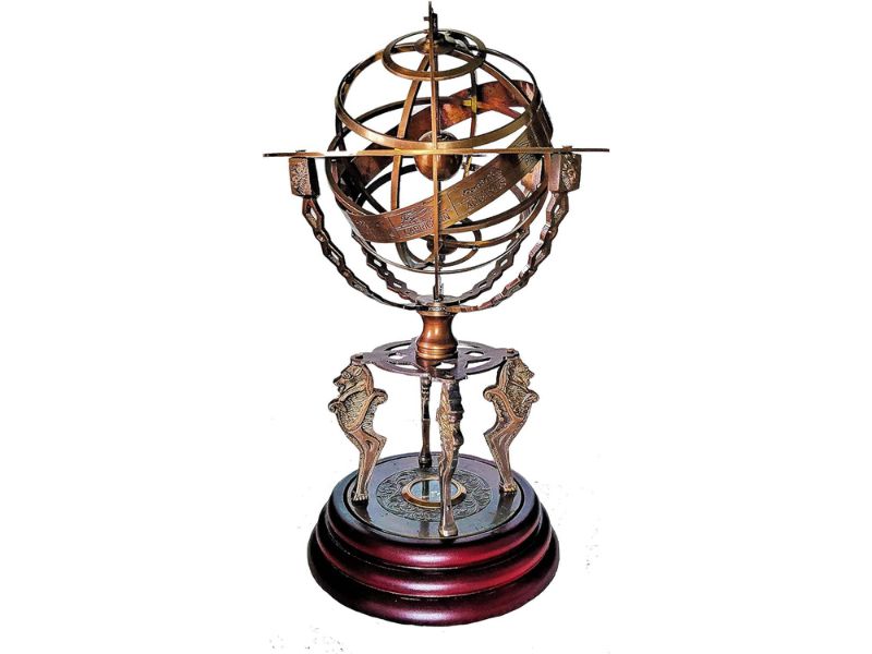 Antique Brass 18-Inch Armillary Sphere Globe Astrolabe | Zodiac Engraved Celestial Globe with Compass & Tiger Pillars | Vintage Brass Armillary Globe with Wooden Base | Nautical Home Office Decor