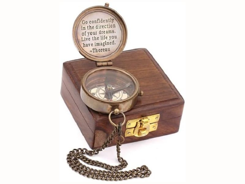 Solid Brass Compass with Thoreau Quote – Antique Nautical Directional Compass in Polished Rosewood Case – Vintage Magnetic Pocket Compass for Outdoor, Hiking, Graduation & Adventure Gifts
