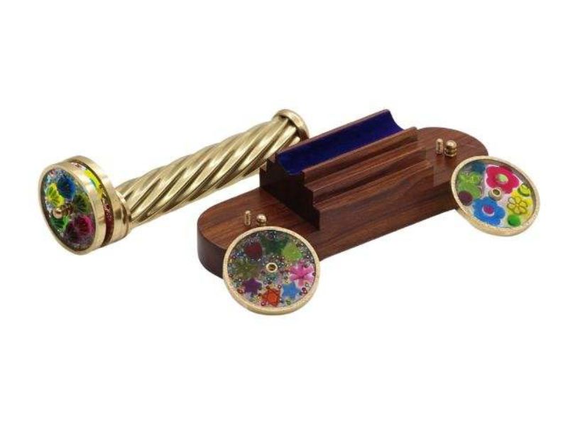 Brass Kaleidoscope with Detachable Pattern Wheels on Wooden Stand Handmade Vintage Optical Toy Unique Creative Gift