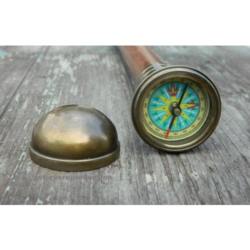 Antiqued Brass Compass Walking Stick- Hidden Solid Brass Working Compass Handle
