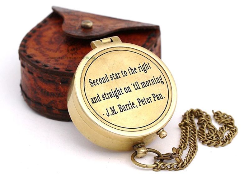 Second Star to the Right Brass Compass – J. M. Barrie Peter Pan Engraved Quote – Handcrafted Vintage Compass with Leather Case – Adventure & Graduation Gift