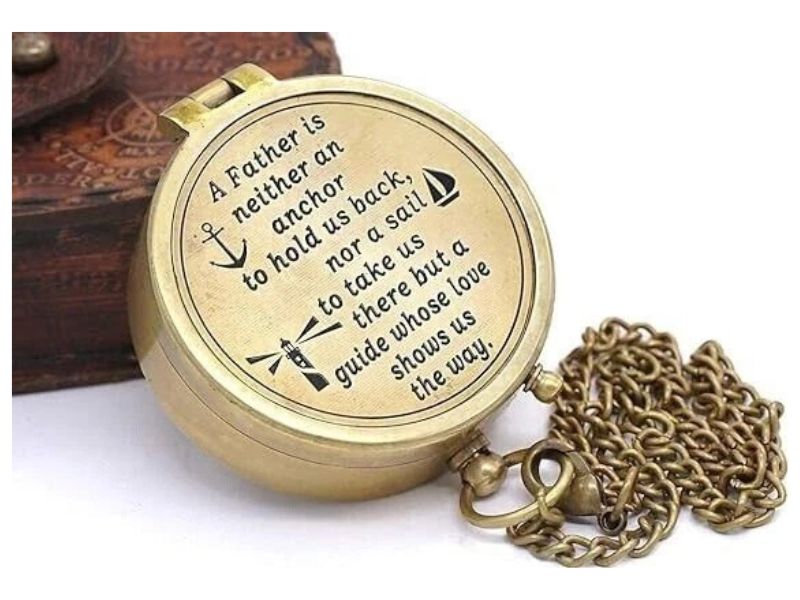 Engraved Brass Compass with Quote – “A Father is Neither an Anchor…” – Handmade Vintage Compass with Chain & Leather Case – Perfect Gift for Dad, Father’s Day, Birthday, or Retirement