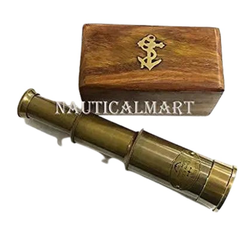 6&quot; Handheld Brass Telescope with Wooden Box - Pirate Navigation Victorian Marine Telescope - Antique Brass