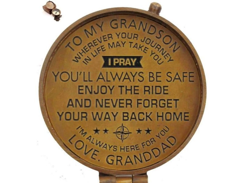 To My Grandson Compass, I Pray You’ll Always Be Safe, Never Forget Your Way Back Home, Vintage Brass Engraved Compass with Leather Case, Inspirational Gift from Granddad”