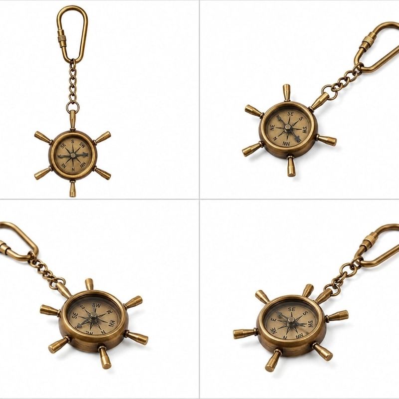 Vintage Antique Brass Compass Keychain | Directional Compass Key Ring | Compass for Kids Survival | Retro Metal Compass Keyring for Men & Women | Gift for Travelers & Adventurers