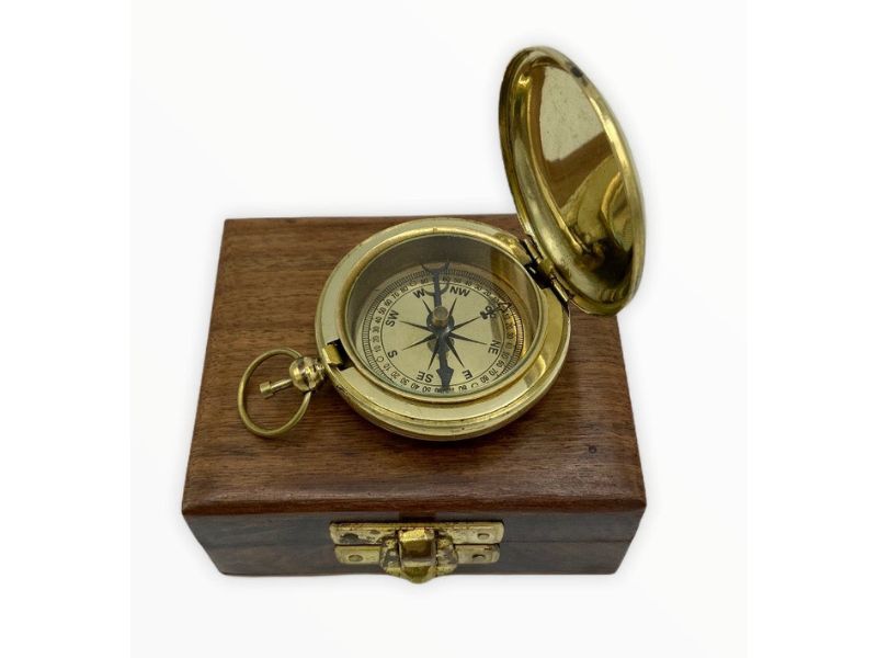 Solid Brass Push Button Pocket Compass with Wooden Box – Vintage Directional Magnetic Compass for Navigation, Hiking, Camping, Boating, and Gift for Men & Women