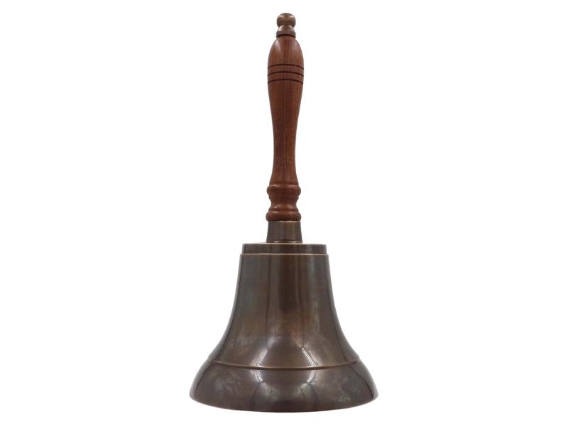 Large & Heavy Solid Brass Hand Bell  Antique Finish Loud Call Bell for School, Wedding, Reception, Christmas & Church – Handmade Polished Brass Bell with Wooden Handle by Roorkee Instruments India