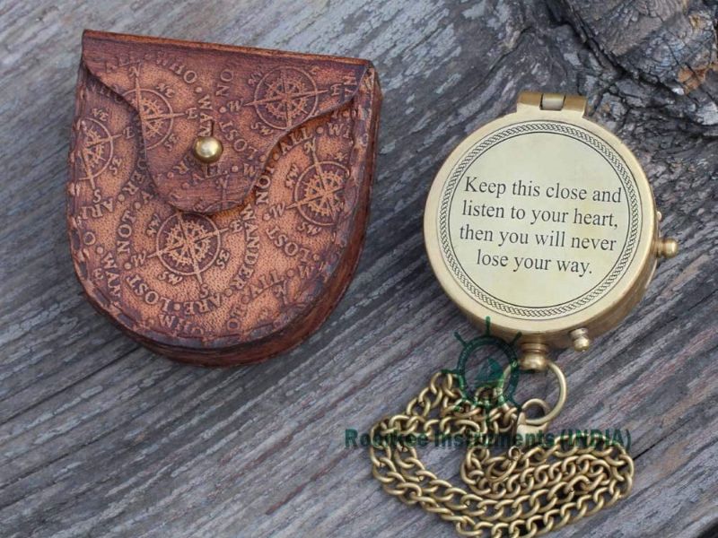 Handmade Brass Compass & Engraved Quote “Keep This Close and Listen to Your Heart” – Vintage Nautical Pocket Compass with Leather Case – Inspirational Gift for Son, Husband, Dad, Traveler