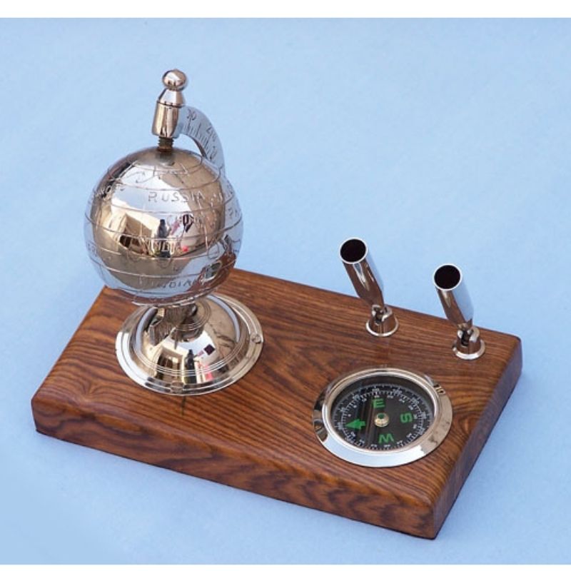 Brass World Globe Compass Pen Holder Desk Set with Wooden Base | Vintage Nautical Executive Gift