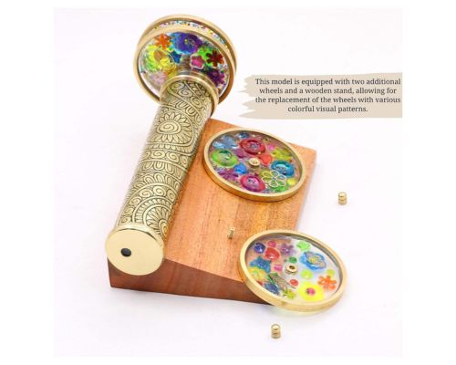 Handmade Brass Kaleidoscope with Interchangeable Wheels and Wooden Display Stand DIY Optical Art Collectible Gift for Adults
