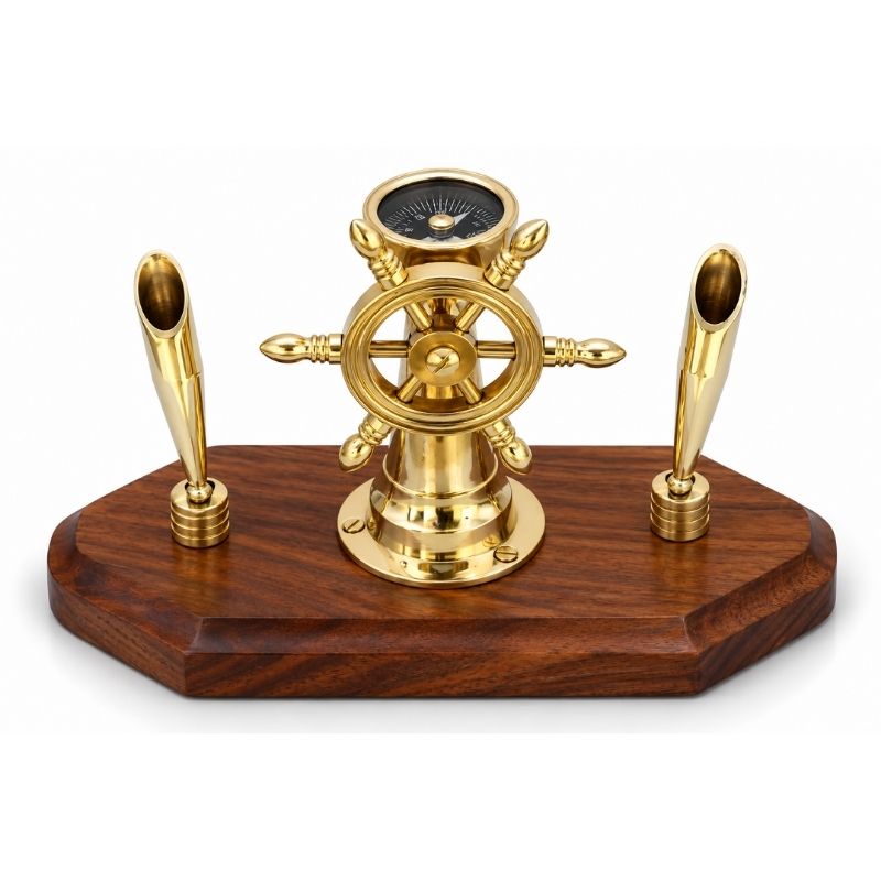 Handmade Brass Ship Wheel Compass Desk Organizer with Dual Pen Holders on Wooden Base – Nautical Maritime Office Decor