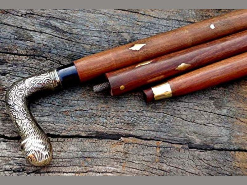 Antique Brass Handle Wooden Walking Cane – Vintage Floral Engraved Silver Finish Handle Walking Stick – Foldable 37 Inch Wooden Cane for Men & Women – Collectible Victorian Style Gift