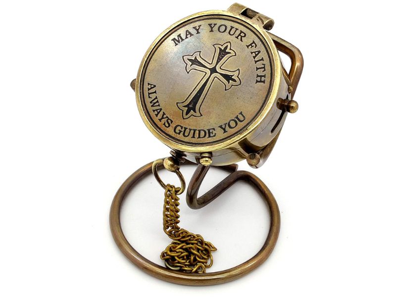 Brass Compass with Cross & “May Your Faith Always Guide You” Engraved | Christian Keepsake Compass with Display Stand | Baptism, Confirmation, Missionary & Birthday Gift for Men & Women