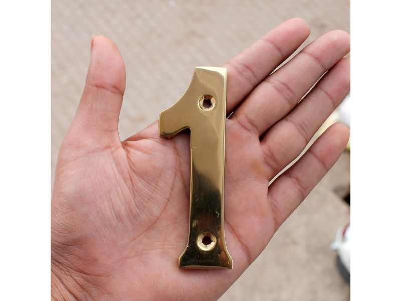 4" Solid Brass House Hotel Door Number Plaque – Numerical Digit (1 One) | Vintage Polished Gold Finish | Easy Wall Mount Sign
