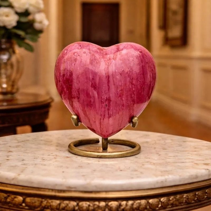 Marble finish, Brass made pink Heart Keepsake Cremation Urn for human ashes