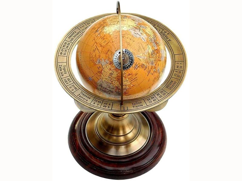 Antique Brass Armillary Sphere Globe | Vintage Nautical Astrolabe Celestial Globe with Wooden Base | Zodiac Engraved Rotating Globe for Home Office Décor | Maritime Collectible Showpiece