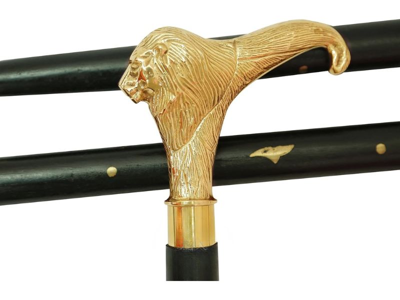 Vintage Lion Head Brass Handle Walking Stick for Men and Women – 3 Fold Wooden Cane – Antique Gold Finish – Collectible Decorative Walking Cane – Gift for Gentlemen, Seniors & Collectors