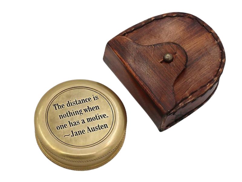 Vintage Brass Pocket Compass with Jane Austen Quote “The Distance is Nothing When One Has a Motive” – Solid Brass Directional Compass with Leather Case, Inspirational Gift for Book Lovers, Travelers & Graduates