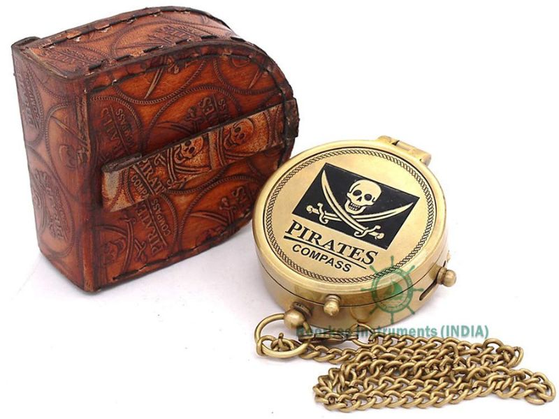 Solid Brass Pirate Compass with Stamped Leather Case – Handcrafted Nautical Vintage Compass for Adventure Lovers, Gift for Men, Boys, Travelers, and Collectors – Maritime Pirate Navigation Gift