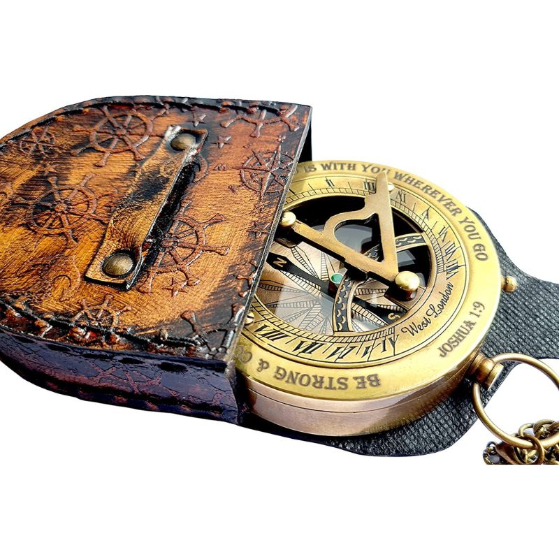 Nautical Brass Sundial Compass with Leather Case and Chain Steampunk Accessory Antiquated Finish Beautiful Handmade Gift Sundial Clock