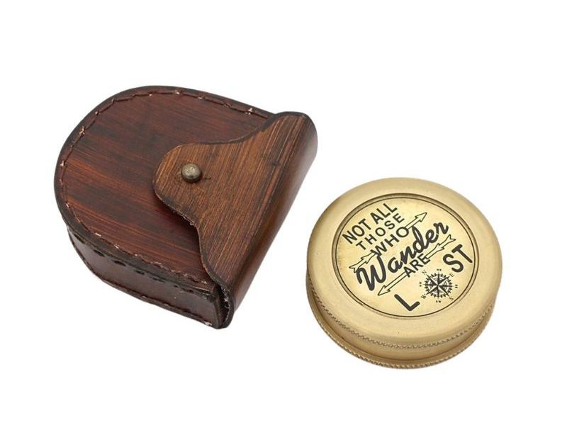 Not All Those Who Wander Are Lost Brass Compass with Leather Case – Engraved Tolkien Quote Pocket Compass – Inspirational Graduation, Baptism, or Confirmation Gift for Him, Adventure Keepsake