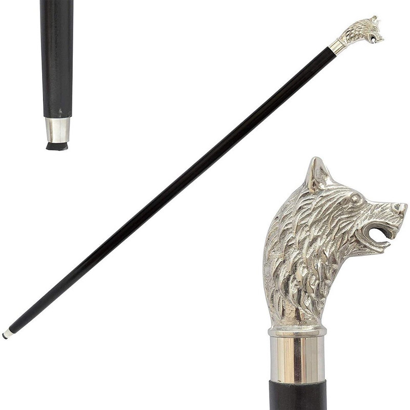 Wolf Head Brass Handle Walking Stick Design Vintage Victorian Walking Stick 37 inches Wooden Walking Cane Stick