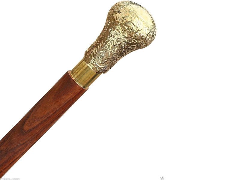 Brass Embossed Walking Cane – Floral Handle Wooden Stick for Men & Women, 37 Inch Foldable Brown Shaft, Vintage Style Decorative Walking Stick, Gift for Gentlemen, Seniors & Collectors