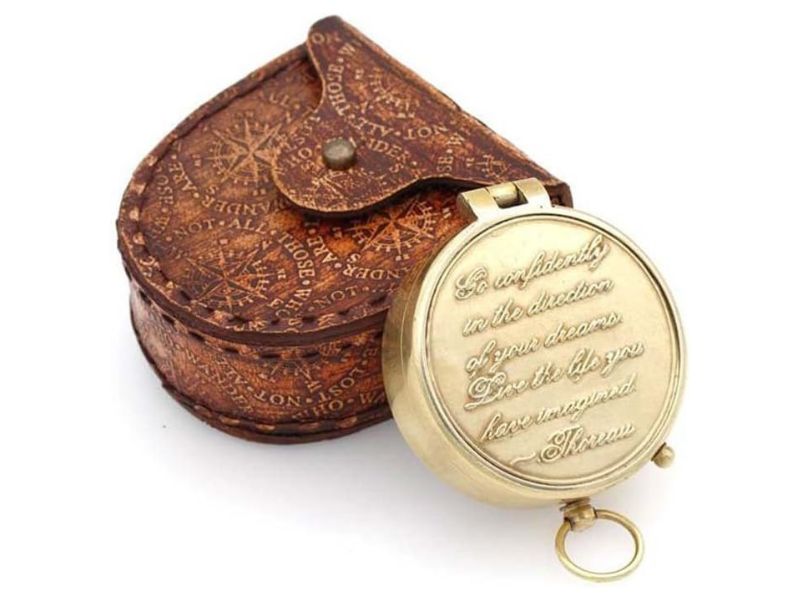 Engraved Brass Compass with Leather Case – “Go Confidently in the Direction of Your Dreams” Thoreau Quote – Vintage Nautical Compass Gift for Graduation, Travel, or Retirement